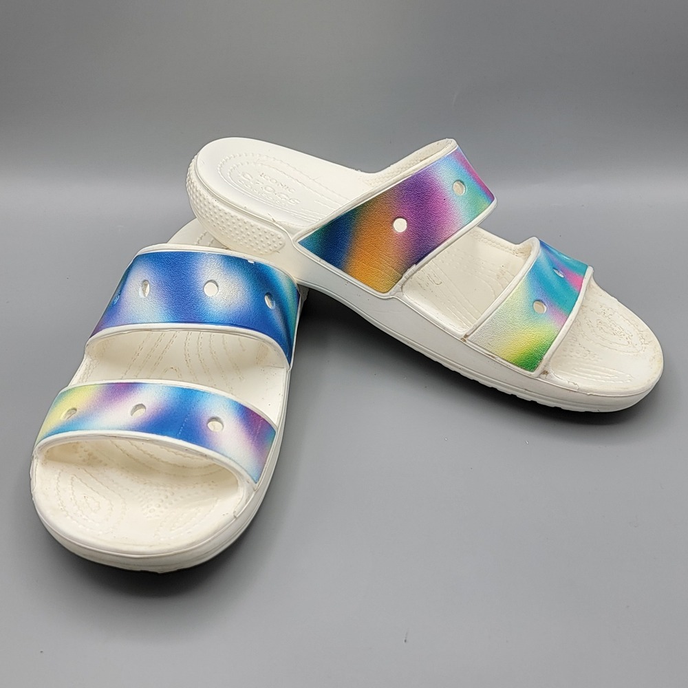 Crocs Classic Sandal Iridescent Rainbow White Slides Mens 5‎ Womens 7